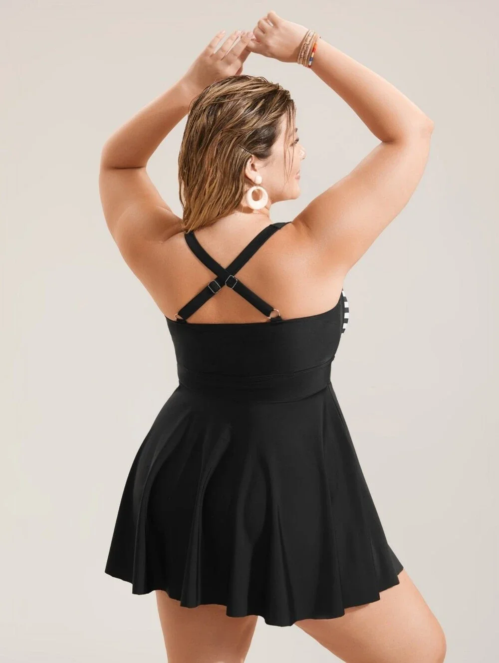 BloomChic Striped Swim Dress Black White Tie Front Cross Back Swimsuit 6X NWT